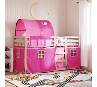 HaoChrymec Lit Superposé avec Rideaux, en Pin Massif, Lit Mezzanine avec Échelle et Barrières de Sécurité, Design Espace de Jeu, pour Chambre Enfant et Adolescent, Couleur Rose, 195.5 x 80.5 x 112 cm