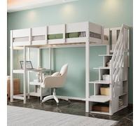 HaoChrymec Lit Superposé Multifonction 90 x 200 cm en Bois de Pin Massif, Lit surélevé avec Rangement et Étagère, Lit pour Enfant et Adolescent, Blanc