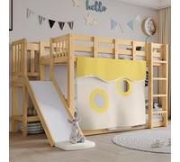 HaoChrymec Lits Superposés en Bois avec Échelle, Balustrades, Rideau de Lit et Toboggan, Lit pour Enfant avec Protection Contre Les Chutes, MDF+Pin, Naturel, 90x200cm