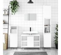 HaoChrymec Meuble de Salle de Bain Blanc Brillant, Bois d'Ingénierie avec Pieds en Fer, Design avec Deux Portes et Compartiment Ouvert, Meubles Salle de Bains Meuble de Rangement, Blanc, 30x30x100cm