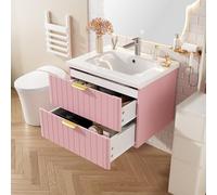 HaoChrymec Meuble De Salle De Bain Suspendu, Lavabo Céramique, MDF Résistant à L'humidité, Design Compact, Espace De Rangement Double, Surface Mélamine sans Vernis, Couleur Rose, 60.5x47.5x47 cm