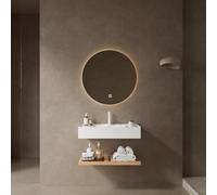 HaoChrymec Meuble De Salle De Bain Suspendu, Lavabo Rectangulaire en Résine Blanc, Étagère en Bois Naturel, Design Contemporain, avec Trou De Robinet, 75x46x20.7 cm