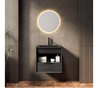 HaoChrymec Meuble De Salle De Bain Suspendu, Lavabo sous Plan en Céramique Noir Intégré, Armoire en Bois avec Étagère Et Tiroir, Pré-Assemblé, Finition Chêne Sombre, 51.5x47x51.5 cm
