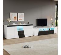 HaoChrymec Meuble TV et Buffet, Meuble Haut Brillant avec LED, TV Stand 180x38.5x45 cm, Meuble à Éclairage LED, Lowboard avec 4 Portes, pour Salon, Noir et Blanc