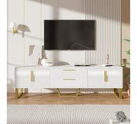 HaoChrymec Meuble TV Haut Brillant en MDF, Design Élégant avec Poignées et Pieds Dorés, Portes à Texture Sculptée, Solution de Rangement pour Salon, Blanc et Or, 170 x 40 x 53.5 cm