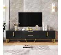 HaoChrymec Meuble TV Haut Brillant en MDF, Poignées et Pieds Dorés, Portes à Texture Sculptée, Solution de Rangement Élégante pour Salon, Noir et Or, 170 x 40 x 53.5 cm