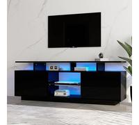 HaoChrymec Meuble TV LED 140 cm avec Éclairage RGB, Buffet de Rangement avec 2 Portes et 5 Espaces de Rangement, Meuble TV Haut Brillant pour Téléviseur 60 Pouces, Noir, 140x35x55 cm