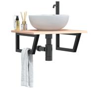 HaoChrymec Plan Vasque en Chêne Massif avec Support en Acier, Design Flottant Trapézoïdal Gain de Place,Meuble Salle de Bain Meuble Vasque Salle de Bain, Marron Foncé/Noir, 60x50x2cm