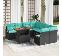 HaoChrymec Salon de Jardin modulable, Noir et Turquoise, 9 pièces | Polyrotin, acier thermolaqué, acacia massif, rangement intégré, pieds réglables, 8 places, montage requis