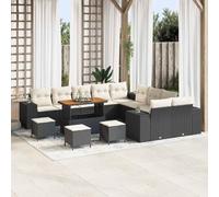 HaoChrymec Salon de Jardin modulable, Poly-rotin Noir et crème, 14 pièces | Acier thermolaqué, table en acacia massif, plateau réglable, rangements, sac étanche, montage requis