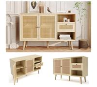 HaoChrymec Sideboard en MDF, Meuble De Rangement avec 1 Tiroir Et 2 Portes Magnétiques en Rotin, Pieds en Bois Massif, Poignée Métallique, Étagères Réglables, Chêne, 120x40x80 cm