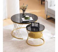 HaoChrymec Table Basse Nesting Moderne, Plateau MDF Haut Brillant avec Design Marbre, Ensemble de 2 Tables Rondes, Tiroirs de Rangement, Structure Métal Doré, Idéale pour Salon, Noir