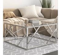 HaoChrymec Table Basse with Acier Inoxydable et Verre Trempé, Design Moderne, Plateau Pratique, Table de Salon, Petite Table Basse, pour Salon, Argent, 80 x 80 x 40 cm