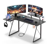 HaodaCulture Bureau Gaming 150x90, Table Gaming avec 2 Prises Electriques et 2 Ports USB, Bureau en Forme de L, Fibre de Carbone, Support de Moniteur, pour Etudier, Jouer et Travailler, Noir