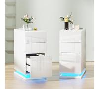 HaodaCulture Lot de 2, Tables de Chevet connectée, Table de Nuit LED, 16 Couleurs LED RVB, Table d'Appoint avec 3 Tiroirs, Chevet de Lit, Meuble de Nuit, pour Chambre, Salon, Blanche 50x30x63 cm