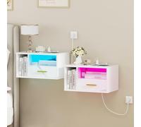 HaodaCulture Lot de 2 Tables de Chevet murales, Lot de 2 Tables de Nuit avec lumière LED, Compartiment Ouvert, Tiroir Coulissant, Plateau, pour Chambre, Salon, Blanc 46.5x30x25.5cm