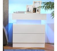 HaodaCulture Table de Chevet avec 2 tiroirs et 16 Couleurs LED RVB,Table d'Appoint Blanc Brillant et Mat Meuble de Rangement Table avec 1 Couvercle Rabattable Table de Nuit(1, Blanc, 45x35x52cm)