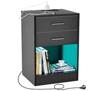 HaodaCulture Table de Chevet avec LED,Table d'Appoint avec Station de Charge,2 Ports et 2 Prises USB Table de Nuit avec avec 2 tiroirs et 16 Couleurs Lumières LED pour Salon,Chambre à Coucher (Noir)