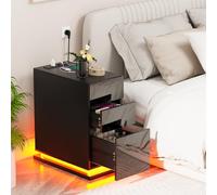 HaodaCulture Table de Chevet Étroite avec Multiprise, Table de Nuit LED, 16 Couleurs LED RVB,Table d'Appoint avec 3 Tiroirs, 2 Prises, 2 Ports USB, Chevet de Lit, Meuble de Nuit, pour Chambre, Salon