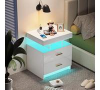 HaodaCulture Table de Chevet LED, Table de Nuit Connectée, 2 Ports et 2 Prises USB, Chevet de Lit à 2 Tiroirs Haute Brillance, Prise USB, 16 lumières LED RVB, d'appoint pour Salon Chambre 50x40x58cm