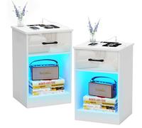 HaodaCulture Table de Chevet Lot de 2, Chevet de Lit, Table de Nuit LED, Tiroirs et Compartiment Ouvert, 16 Couleurs LED RVB, Basse pour Chambre, Salon, Blanc 40x35x60cm