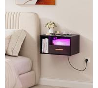 HaodaCulture Table de Chevet Murale LED, Table d'appoint avec Station de Charge, 16 Couleurs LED RVB, Compartiment Ouvert, Tiroir Coulissant, Plateau, pour Chambre, Salon, Noir 46.5x30x25.5cm