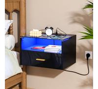 HaodaCulture Table de Chevet Suspendue, Tables de Nuit d'appoint avec Station de Charge, 16 Couleurs LED RVB, Compartiment Ouvert, Tiroir Coulissant, pour Chambre, Salon, Noir 42x30x24.5 cm
