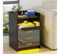 HaodaCulture Table de Nuit, Chevet LED, Table d’Appoint avec 3 Tiroirs, 36 Couleurs LED RVB, 2 Prises CA, 2 Ports USB, pour Salon, Chambre, Bureau, Moderne Noir 45x40x65cm