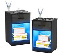 HaodaCulture Table de Nuit LED, Lot de 2, Table de Chevet Connectée, 2 Prises CA, 2 Ports USB, d’Appoint avec Tiroirs et Compartiment Ouvert, 16 Couleurs LED RVB, pour Salon, Chambre, Bureau, Noir