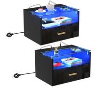 HaodaCulture Table de Nuit Lot de 2, Tables de Chevet Murales LED, 2 Ports et 2 Prises USB, 16 Couleurs LED RVB, Compartiment Ouvert, Chevet de Lit pour Chambre, Salon, Noir 42x30x24.5 cm