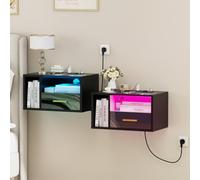 HaodaCulture Tables de Chevet Murales Lot de 2, Tables de Nuit LED Lot de 2, Table de Chevet Connectée, 16 Couleurs LED RVB, Compartiment Ouvert, Tiroir Coulissant, Plateau, pour Chambre, Salon, Noir