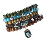 Haodream Bracelet en coquille de noix de coco et perles en bois avec pierre turquoise comme accessoire de poignet pour un look élégant au quotidien - Matériaux naturels - Bracelet bohème, taille