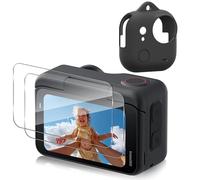 Haofun Silicone Coque Compatible avec Insta360 Go Ultra Protection Ecran, Noir Silicone Matériel Anti-Choc Case*1 + 9H HD Ultra Verre Trempé Écran*2 + film protecteur d'objectif*2