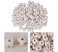 Haofy 100pcs Mixte en Bois Lettre Cube Perles en Vrac, 3mm Trou 10mm Diamètre Alphabet Labyrinthe Cube pour Bricolage Fabrication de Bijoux Bracelets Colliers Porte-clés
