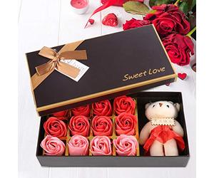 Haofy Coffret Cadeau Fleur de Savon Rose Rouge et Ours en Peluche, Ensemble de Savons, Ours Doux avec Emballage élégant pour la Saint-Valentin, la Fête des Mères, un Anniversaire, Cadeau Fleur de