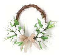 Haofy Décor de Couronne de Porte d'entrée, Décoration Suspendue de Fleur Simulée en Plastique, 40x40x6 Cm pour l'entrée de la Ferme de la Maison de Printemps (Blanc avec Cerceau en rotin)