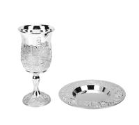 Haofy Ensemble de Tasses de Kiddouch en Alliage de Zinc, Tasse à Vin à Pied de 15cm de Haut avec Assiette, Aucun Polissage Nécessaire pour le Cadeau de Cérémonie Juive de Mariage (Couleur Argent)
