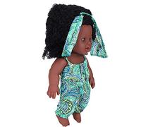 Haofy Poupée bébé à la Peau Brune, Poupée Fille Africaine en Vinyle Souple, Membres Flexibles de 12 Pouces pour Les Enfants et Les Femmes Enceintes (Combinaison Fleurie Verte ASA)