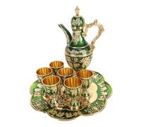 Haofy Service à thé Turc, Cafetière Vintage en Alliage de Zinc avec 6 Tasses et Plateau, Décoration de Maison élégante pour Fêtes et Mariages (Or Vert)