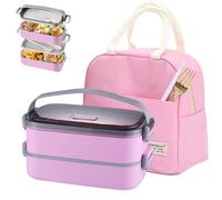 Haoh Bento Lunch Box Kit, 1600ml 2 Etages Boite Repas avec Sac Isotherme Repas, Hermétique Boîtes Bento pour Pique Nique, Travail, Goûter, Ecole, Boîte à Lunch Micro Ondable(Rose)