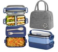 Haoh Bento Lunch Box Kit, 1600ml 2 Etages Boite Repas avec Sac Isotherme Repas, Hermétique Boîtes Bento pour Pique Nique, Travail, Goûter, Ecole, Boîte à Lunch Micro Ondable(Bleu)