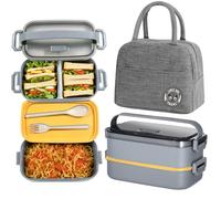 Haoh Bento Lunch Box Kit,1600ml 2 Etages Boite Repas avec Sac Isotherme Repas, Hermétique Boîtes Bento pour Pique Nique, Travail, Goûter, Ecole, Boîte à Lunch Micro Ondable(Gris)