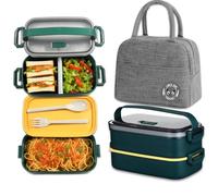 Haoh Bento Lunch Box Kit, 1600ml Boite Repas avec Couverts e Sac Isotherme Repas, Hermétique Boîtes Bento pour Pique-Nique, Travail, Goûter, Boîte à Lunch Micro Ondes(Vert foncé)
