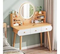 HaoJieHan Coiffeuse Contemporaine avec Miroir, 3 Tiroirs, Bois Massif, 3 Modes de Lumière LED, Blanc, C