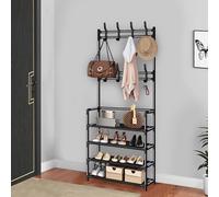 HaoJieHan Porte-manteaux et chaussures, 4 niveaux, porte-manteau avec rangement à chaussures, porte-manteau autonome avec 8 crochets pour chambre à coucher, couloir, bureau, noir, 155 x 60 x 26 cm