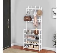 HaoJieHan Porte-manteaux et chaussures, 4 niveaux, porte-manteau avec rangement à chaussures, porte-manteau autonome avec 8 crochets pour chambre à coucher, couloir, bureau, blanc, 155 x 60 x 26 cm