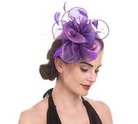 Haojing Fascinators Wedding Chapeau Cocktail Tea Party Royal Ascot Chapeaux Flower Mesh Rubans Plumes sur Un Bandeau et Un Clip de Pelle pour Les Filles et Les Femmes