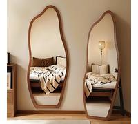 HAOKKV Miroir De Sol Pleine Longueur 40 * 120cm, Miroir Décoratif Irrégulier, Miroir De Toilette, Miroir Mural, Cadre en Bois, Peut Être Appuyé Ou Collé Au Mur(Walnut)