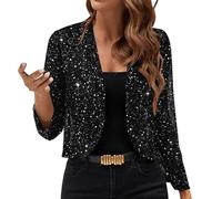 HAOLEI Blazer Femme Paillettes Veste Tailleur Mi-Saison Blazer Courte Brillant à Manches Longues Et Col V Manteau Sequin Glitter Jacket Pour SoiréE Cocktail CéRéMonie FêTe Danse Bal Club