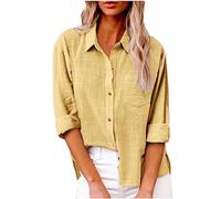 HAOLEI Chemise Femme Coton Et Lin Chemisier Col en V Bouton Manches Longues Tops Couleur Unie LâChe Respirant T-Shirts Grande Taille Pas Cher Casual Coton Lin Tunique Blouse
